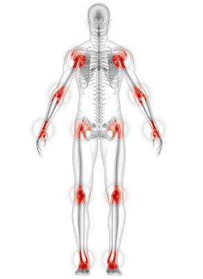 A transparent human form showing the skeletal system has red glowing areas highlighting each of the major joints in the body.