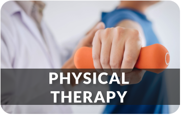 A patient holds their arm straight out from their side while holding a dumbbell, assisted by a physical therapist. The image links to the Physical Therapy page.