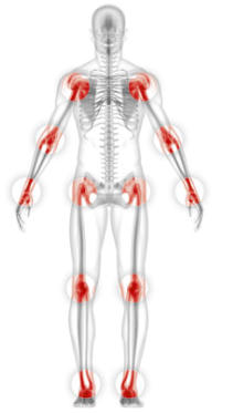 A transparent human form showing the skeletal system has red glowing areas highlighting each of the major joints in the body.