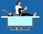 A drawing of a patient lying on a physical therapy table while a therapist helps him work on his leg exercises.