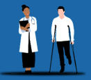 A drawing of a patient on crutches standing next to a physician with a clipboard
